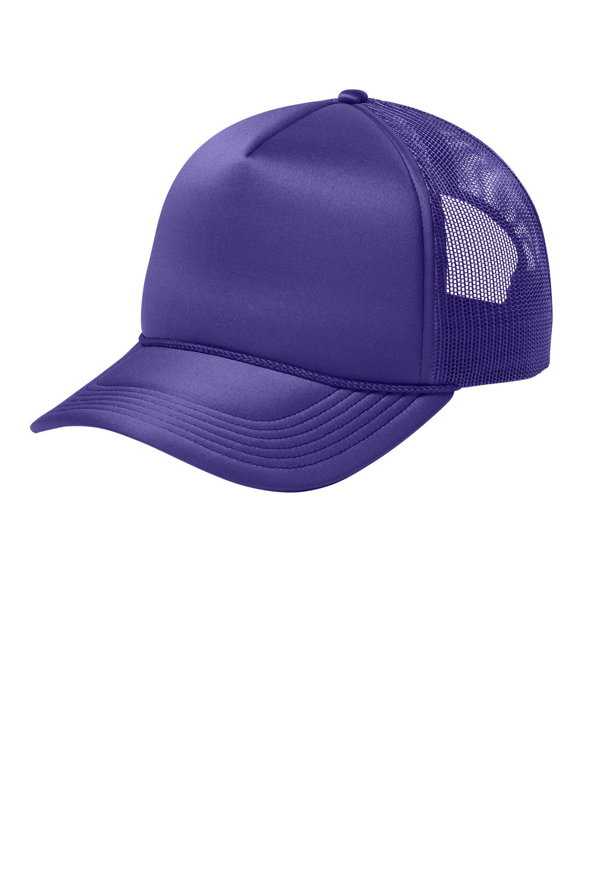 Purple foam trucker cap by Port Authority with adjustable strap, viewed from the left side.