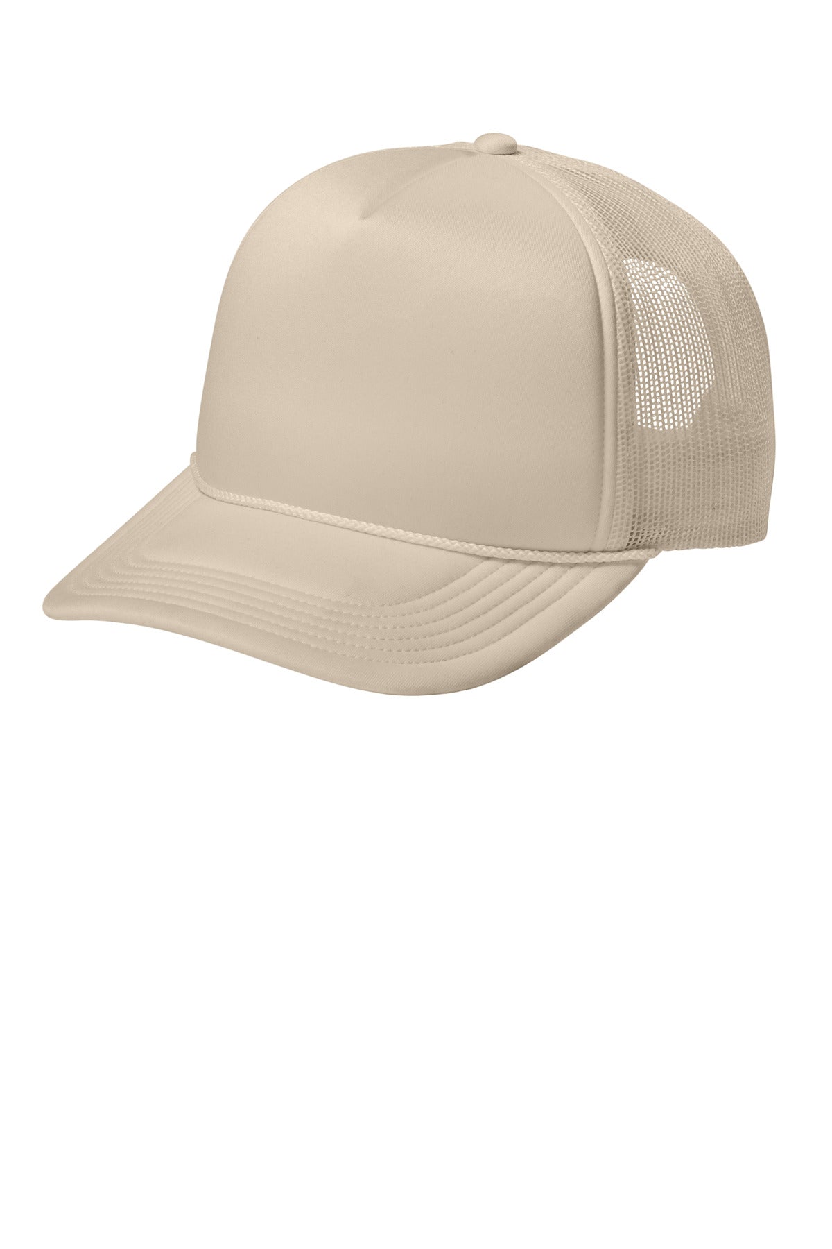 Port Authority Foam Truck'N Cap in stone color, flat brim, shown from left side. Classic trucker-style cap with foam front panel.