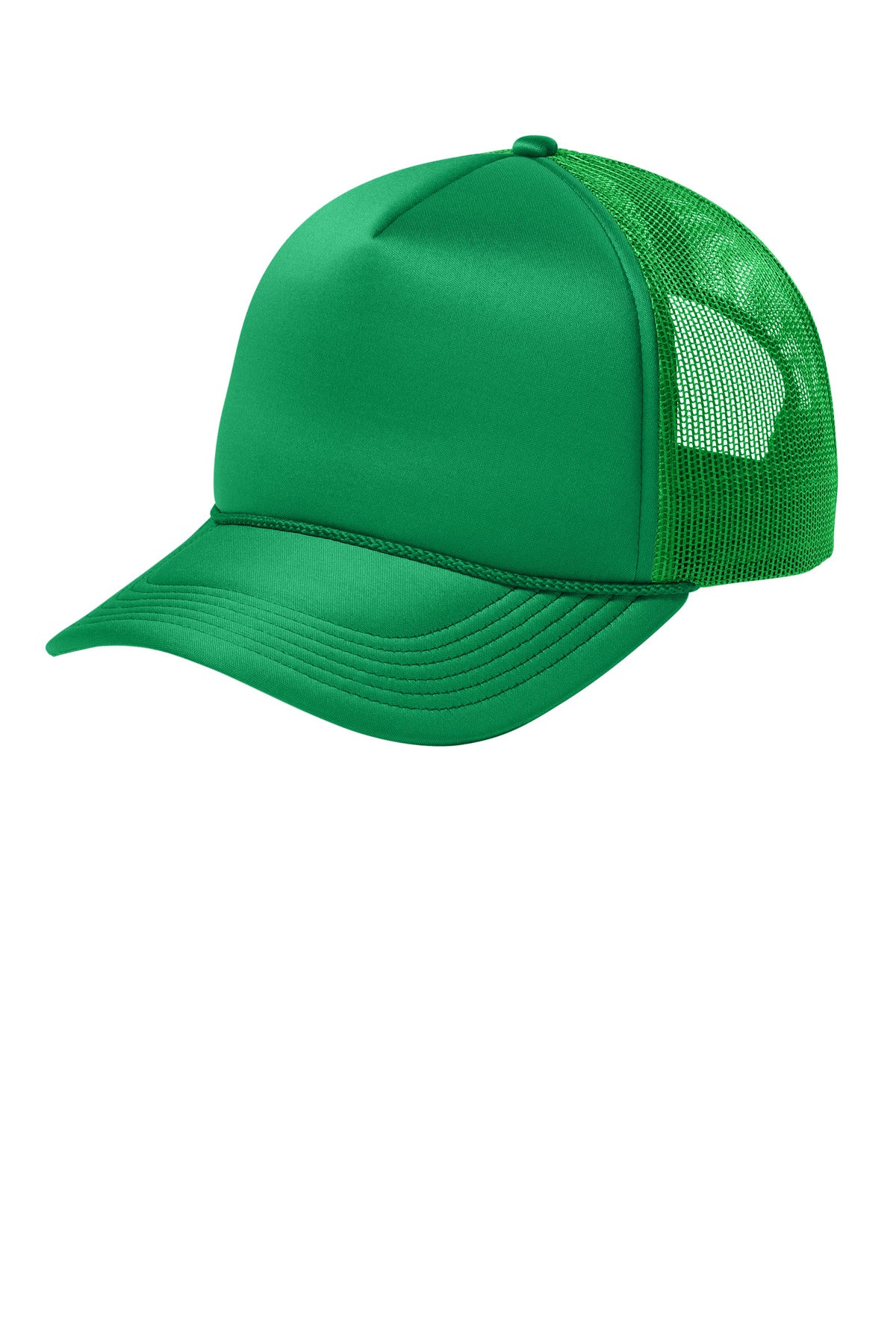 Port Authority Foam Truck'N Cap in True Kelly Green, shown from the left side, featuring a classic trucker style adjustable cap.