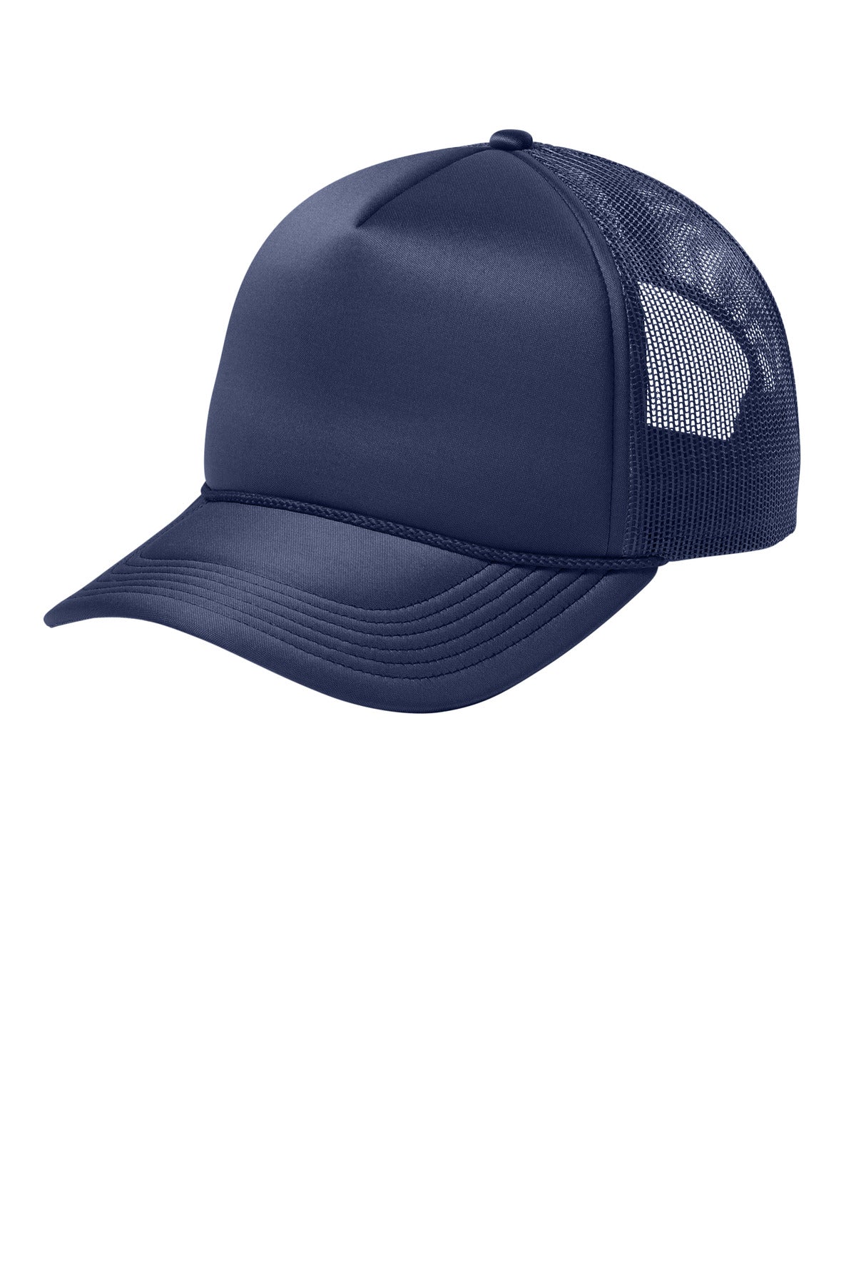 Port Authority Foam Truck'N Cap in true navy, front view showing adjustable snapback closure and classic trucker hat style.