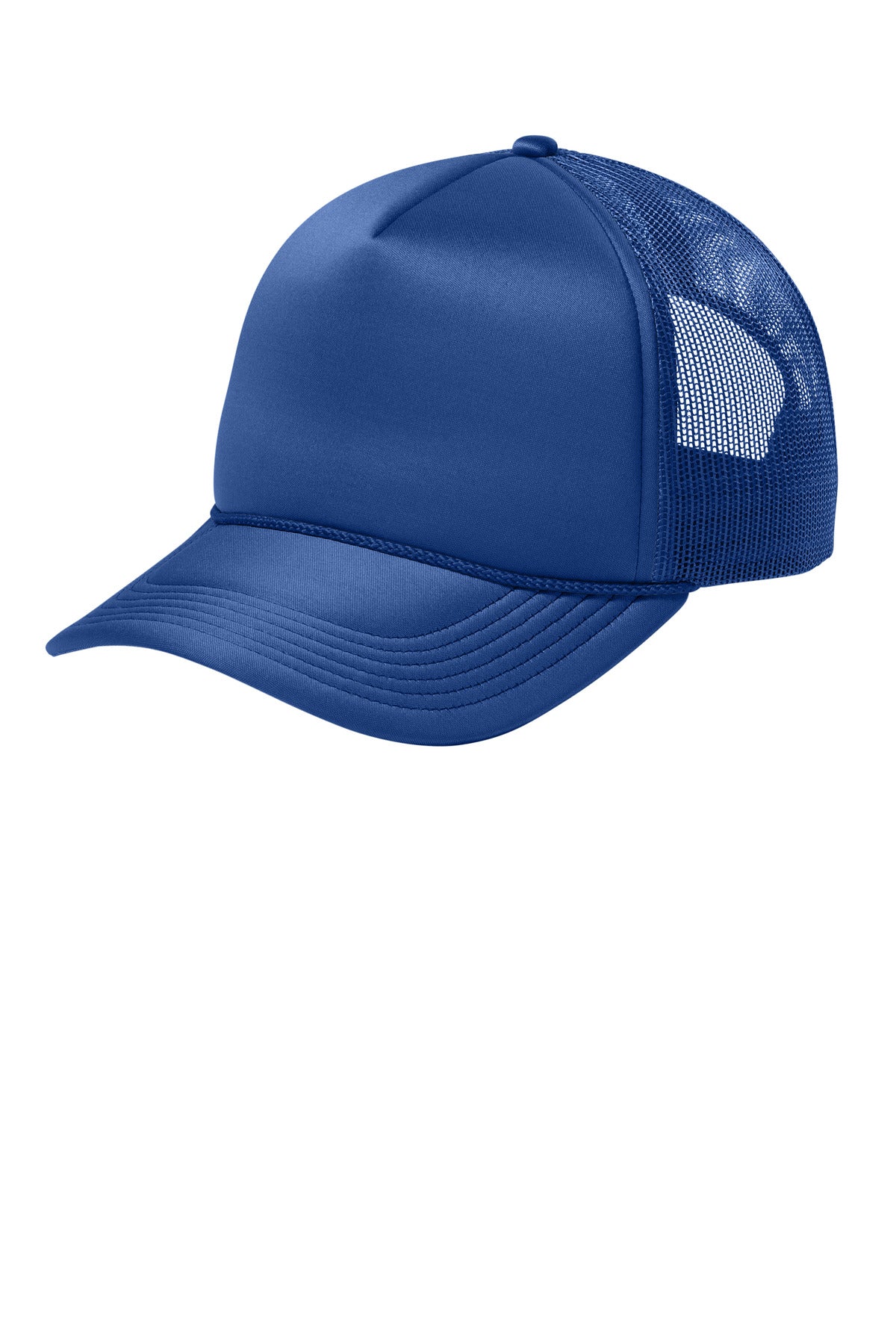 Port Authority Foam Truck'N Cap in true royal color, showing the front view with adjustable strap and embroidered logo on the front.