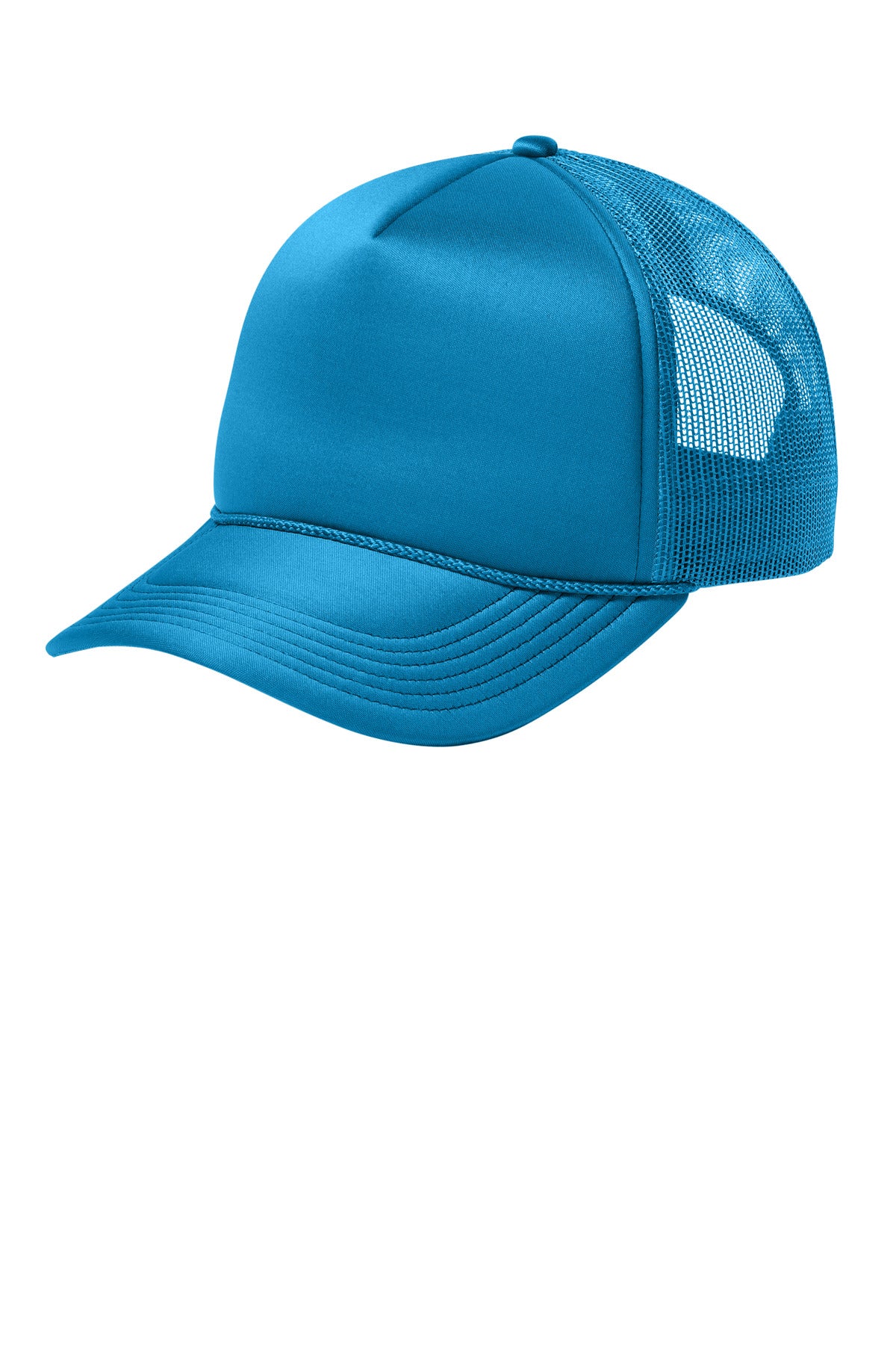 Turquoise Port Authority Foam Truck'N cap with front logo, adjustable strap, and curved brim, shown from left side.