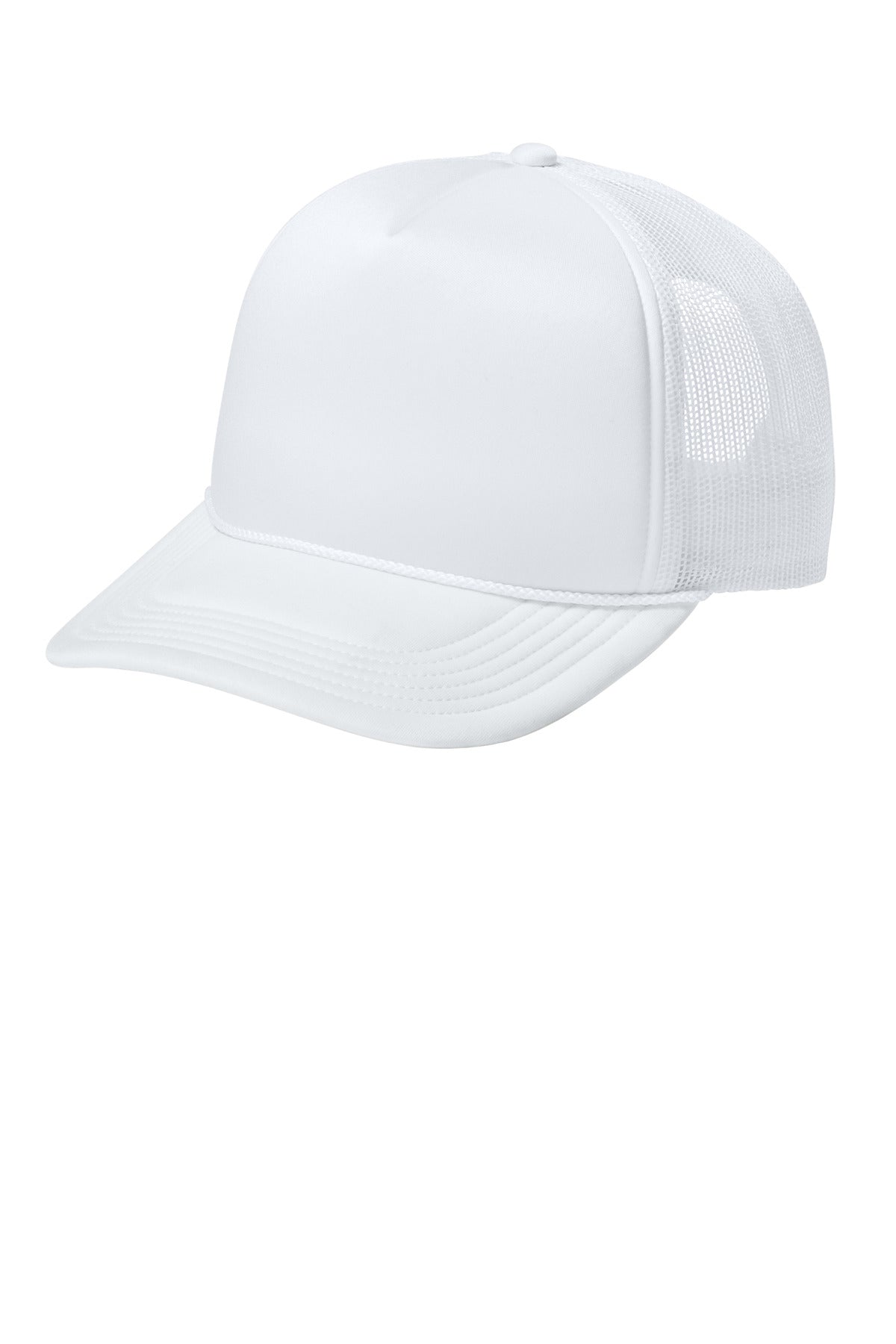 White Port Authority Foam Truck'N Cap C993 shown from the left side, featuring a flat brim and adjustable strap.