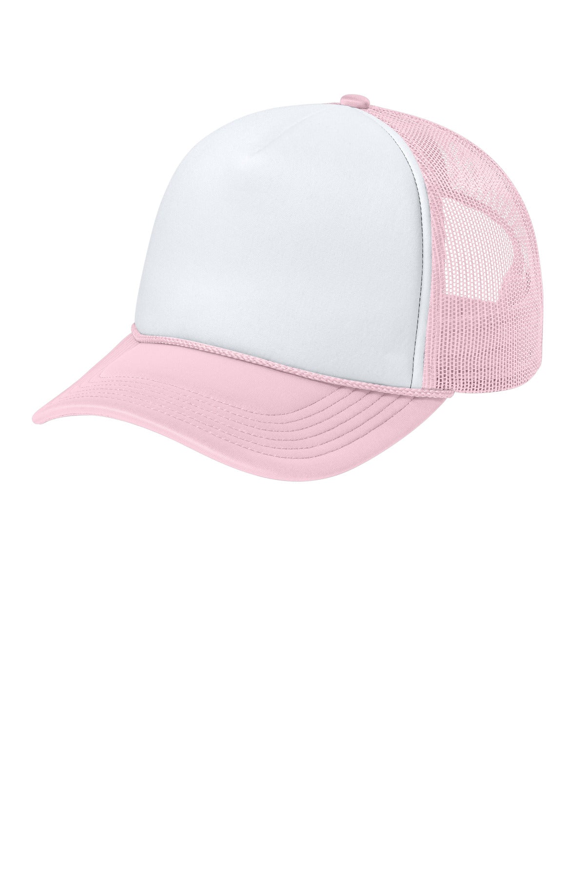 Port Authority Foam Truck'N Cap in white and pink with flat left view, showcasing the colorful trucker-style design.