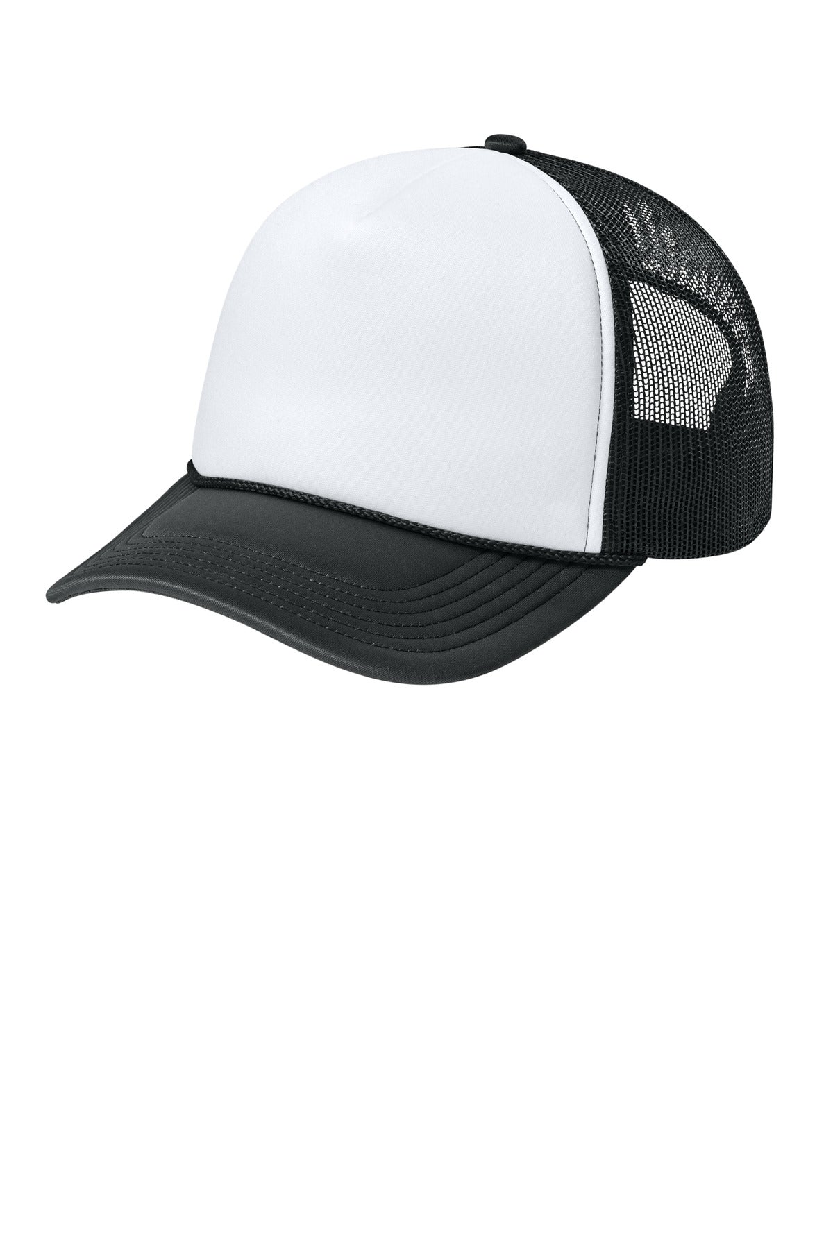 Port Authority Foam Truck'N Cap C993 in white and black, flat view showing front and side details of the classic trucker-style cap.