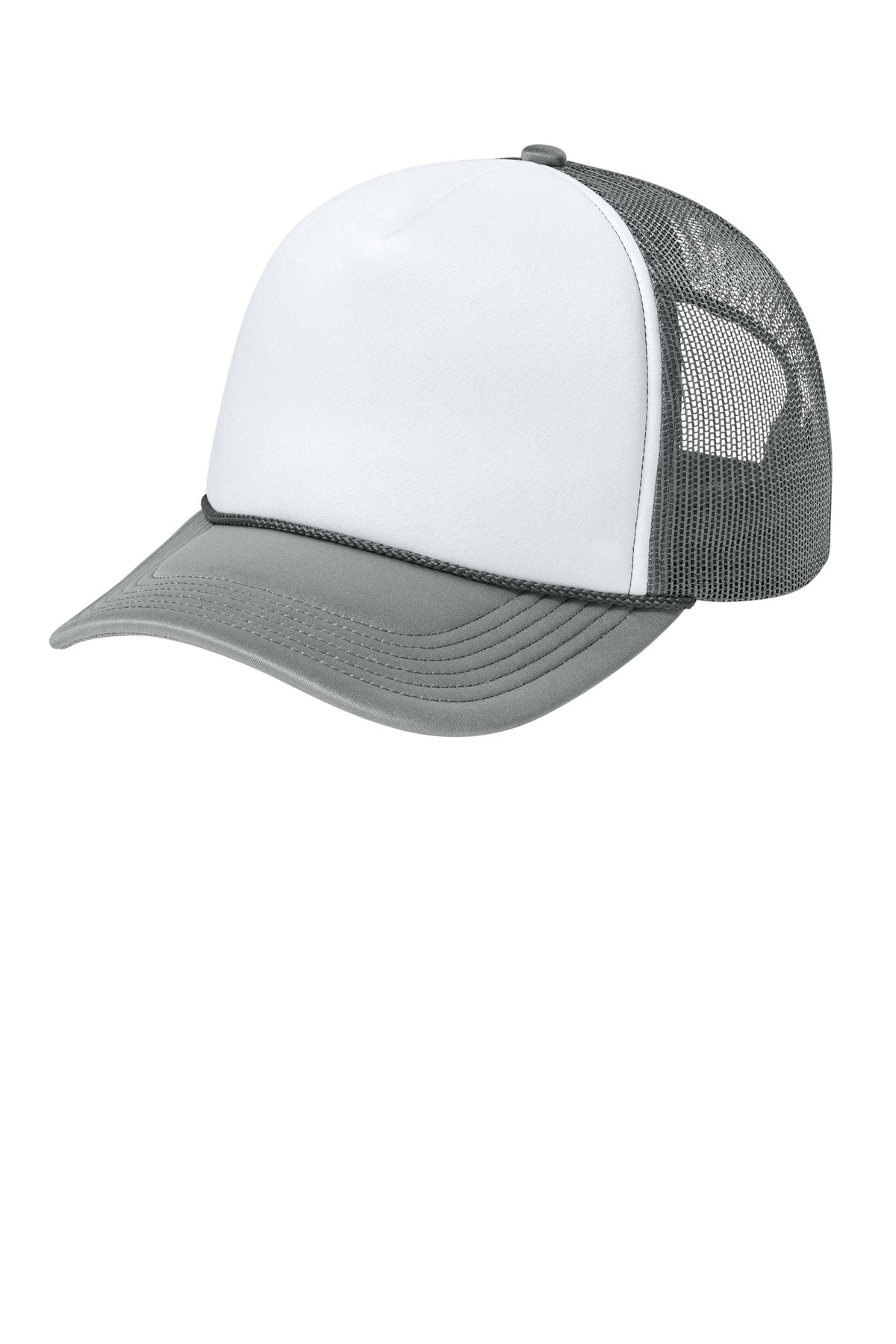 Port Authority Foam Truck'N Cap in white and deep smoked gray, flat left view showing the classic baseball cap style.