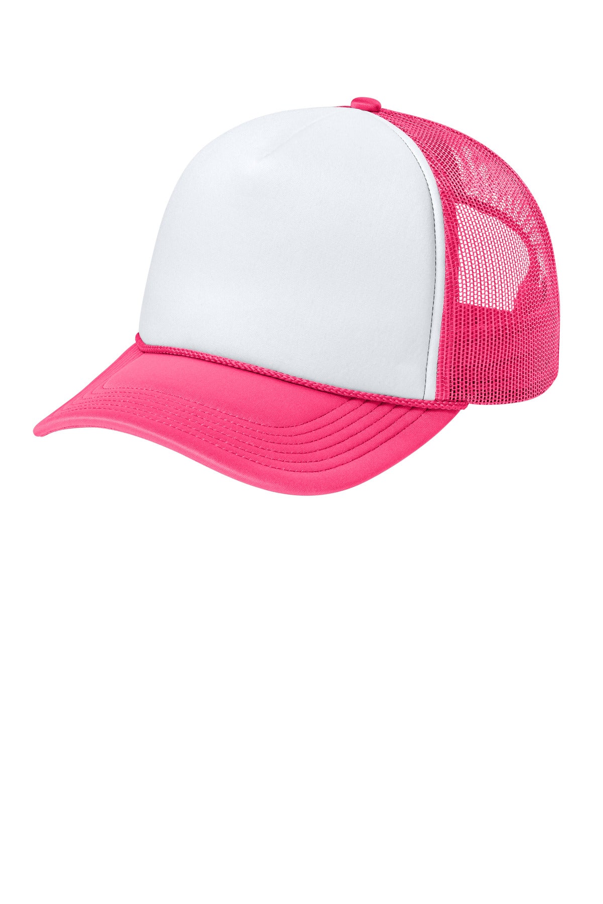 Port Authority Foam Truck'N Cap in white and neon pink, flat-left view showing front and side details of the casual cap.