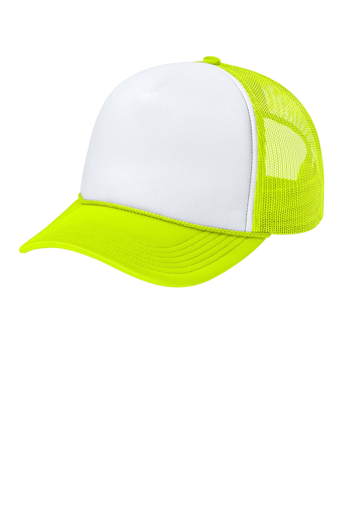 Port Authority Foam Truck'N Cap C993 in white with neon yellow accents, shown flat left view. Classic baseball-style cap.