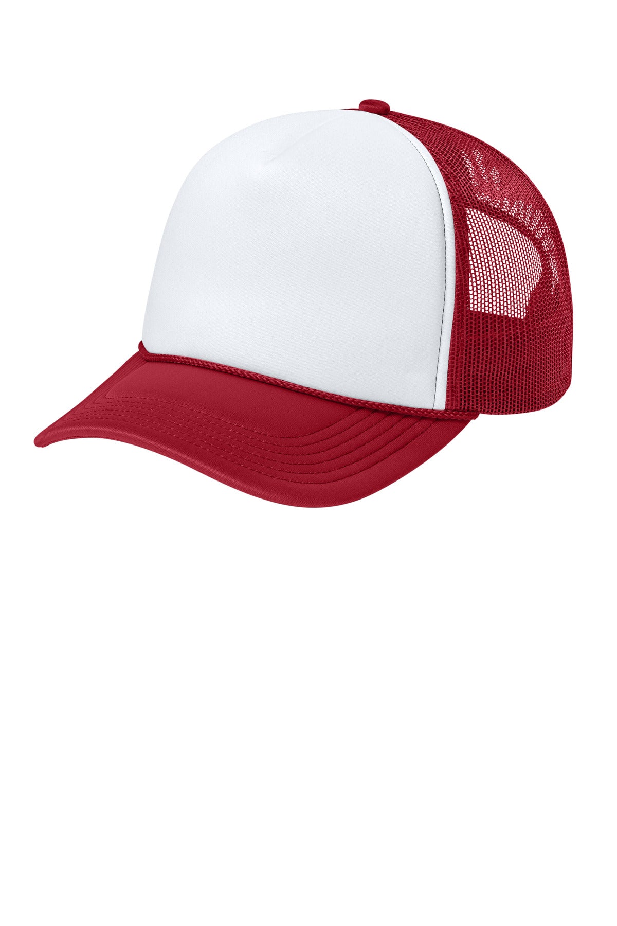 Port Authority Foam Truck'N Cap C993 in white and red, flat view showing front and side details of the baseball cap.
