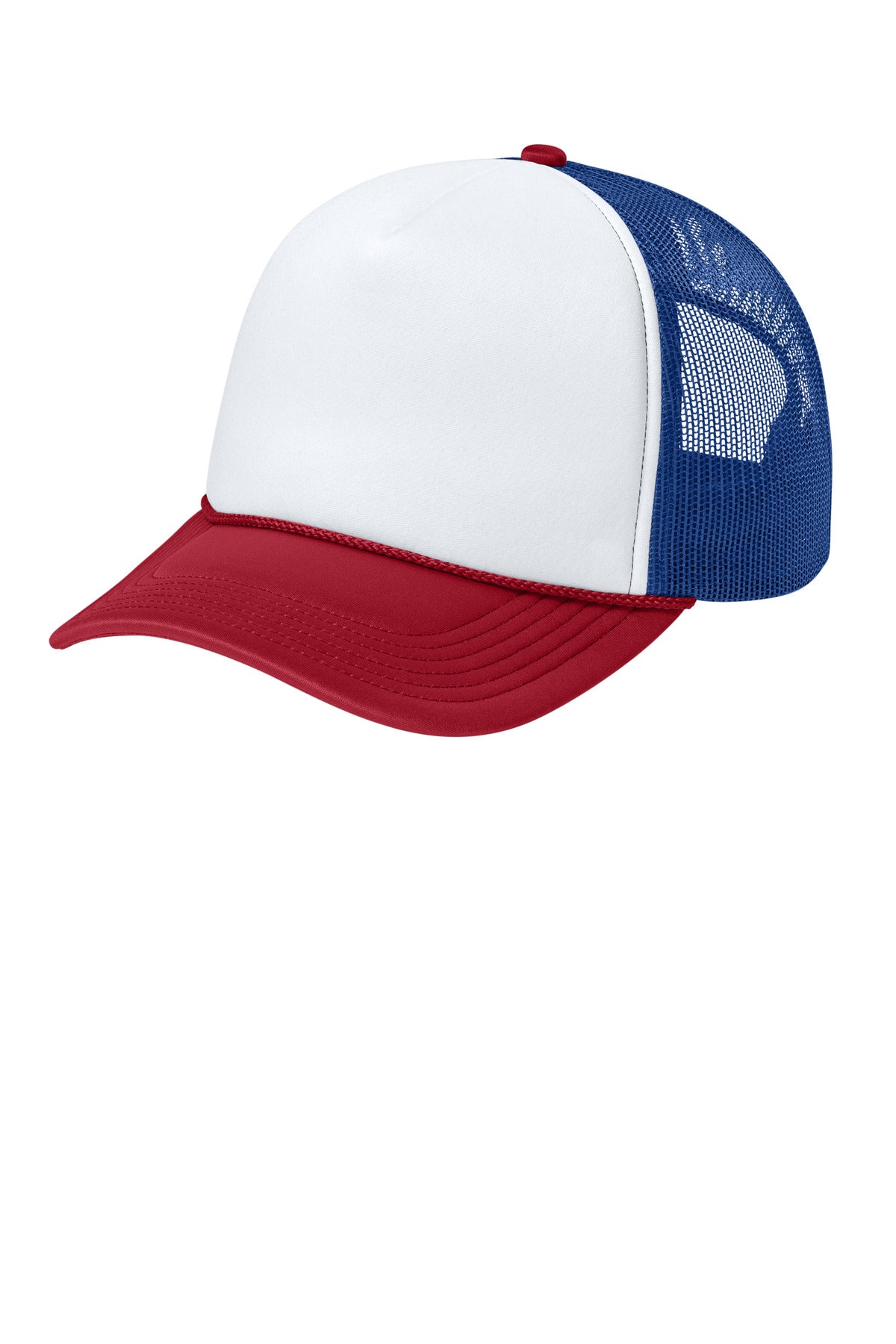 Port Authority Foam Truck'N Cap C993 in white, rich red, and true royal colors, flat view from the left showcasing the baseball cap.