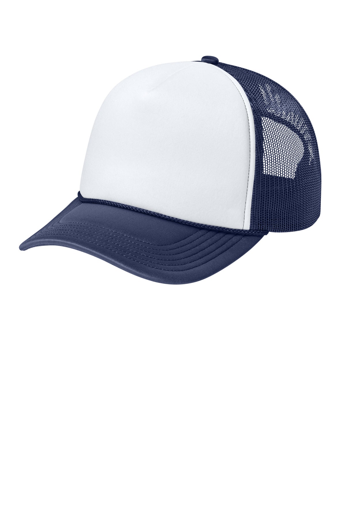 Port Authority Foam Truck'N Cap in white and navy, flat view showing front and side, adjustable brim, casual baseball style.