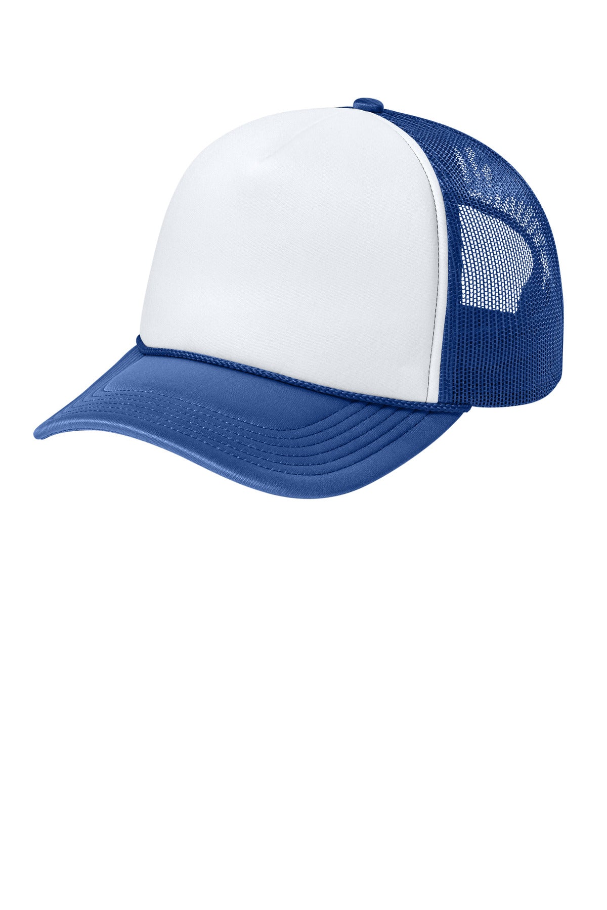 Port Authority Foam Truck'N Cap C993 in white, featuring a structured crown and flat brim, displayed from the left side.