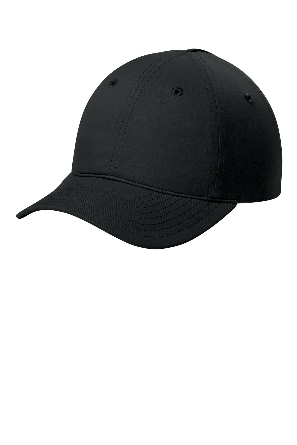 Port Authority All-Day Performance UPF ponytail cap in deep black, showing the front view with adjustable strap.