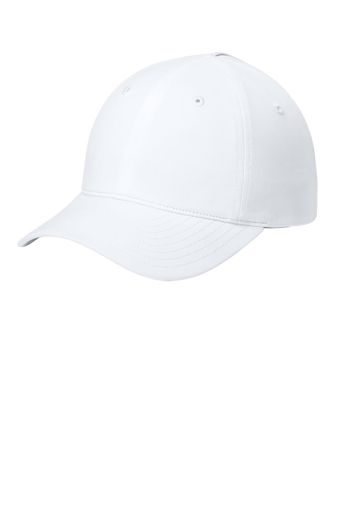 White Port Authority All-Day Performance UPF ponytail cap shown from the front, featuring a curved brim and adjustable strap.