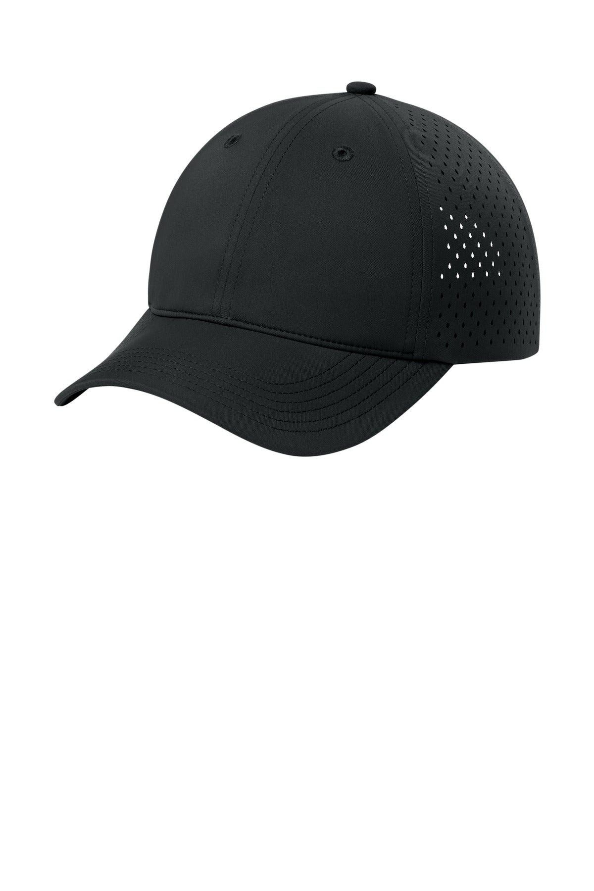 Port Authority All-Day Performance UPF perforated cap in deep black, shown from the left side.