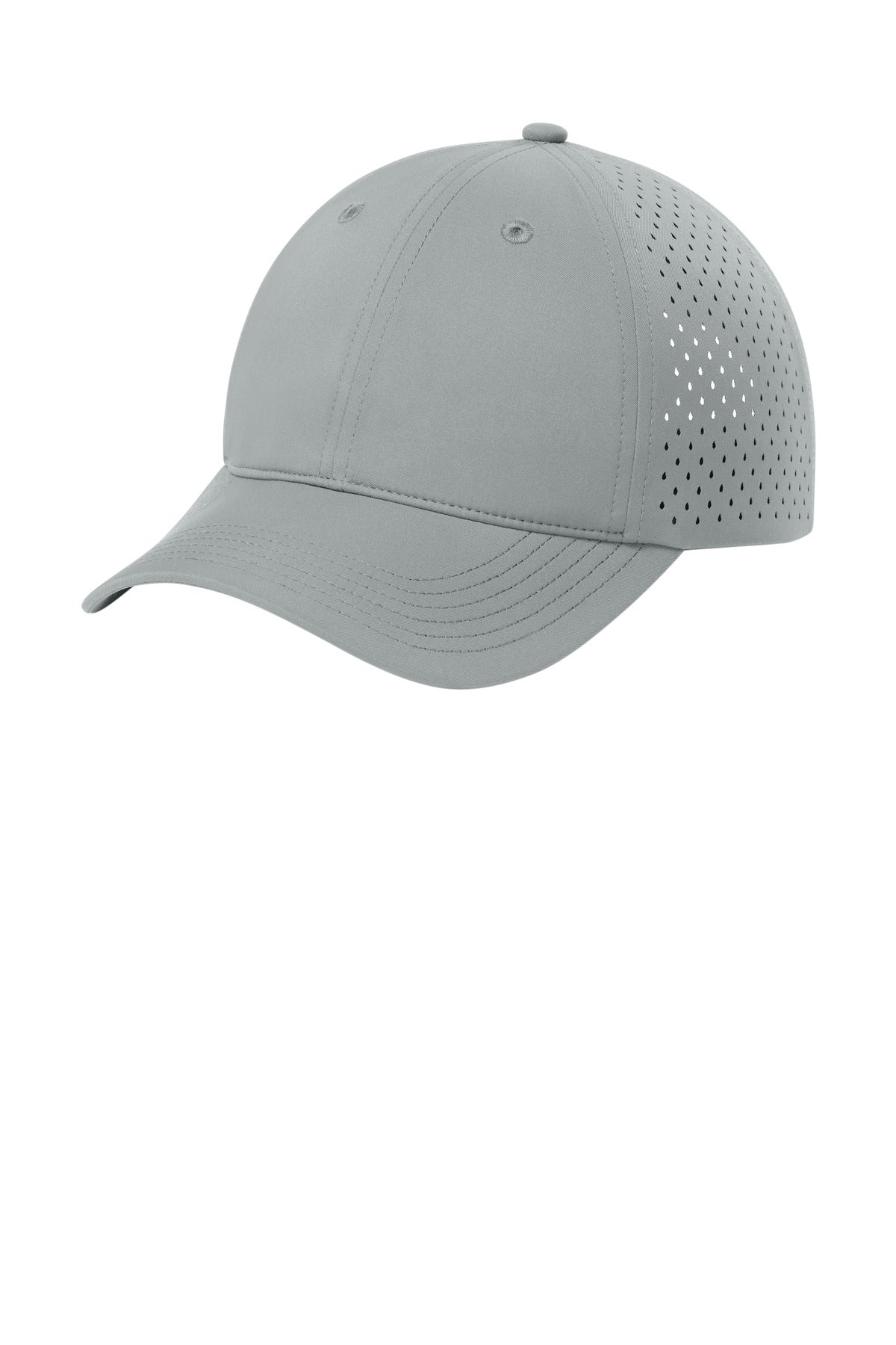 Port Authority All-Day Performance UPF perforated cap in silver, shown from the left side, designed for sun protection and breathability.