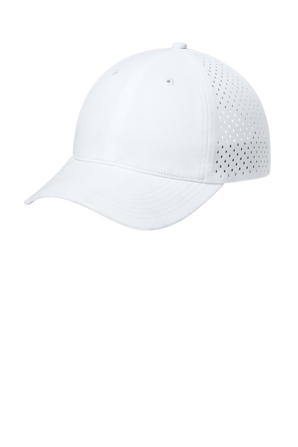 White Port Authority All-Day Performance UPF perforated cap viewed from the front left, showcasing breathable design and adjustable strap.
