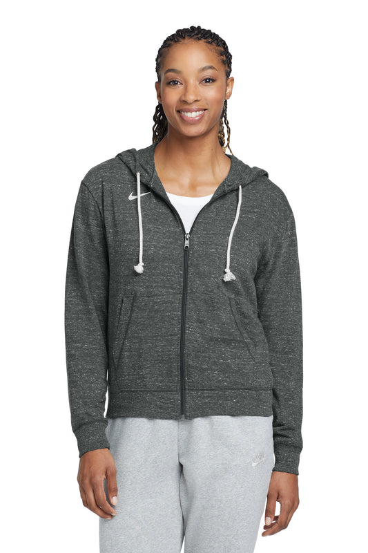 Nike Women's Gym Vintage Full-Zip Hoodie in anthracite, front view showing the Nike logo and zippered design.