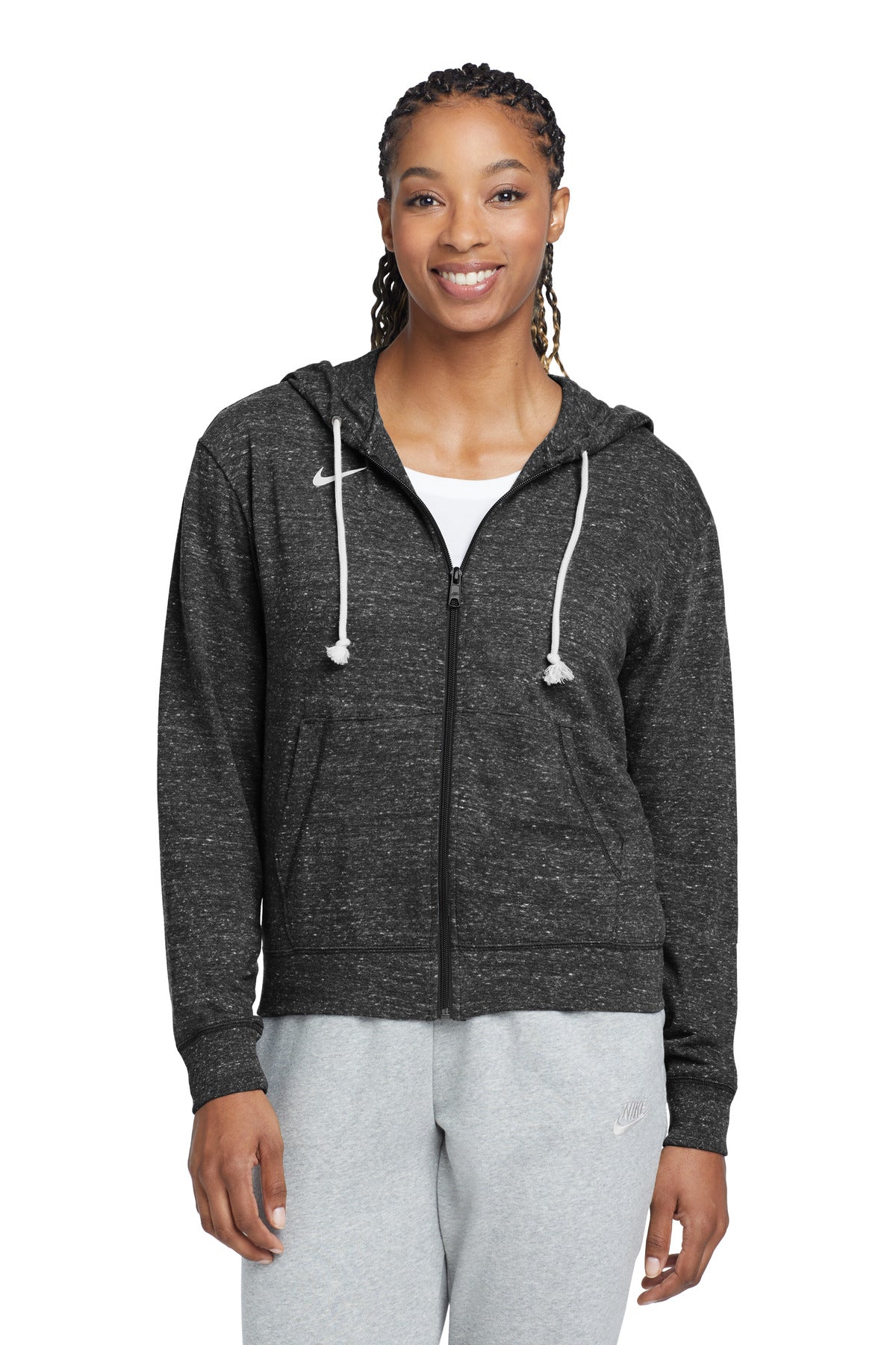 Nike Women's Gym Vintage Full-Zip Hoodie in black, front view showing the Nike logo and classic hoodie design.