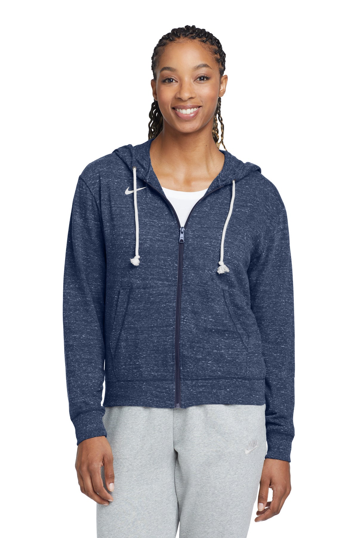 Nike Women's Gym Vintage Full-Zip Hoodie in navy, front view showing classic design and full-zip closure.