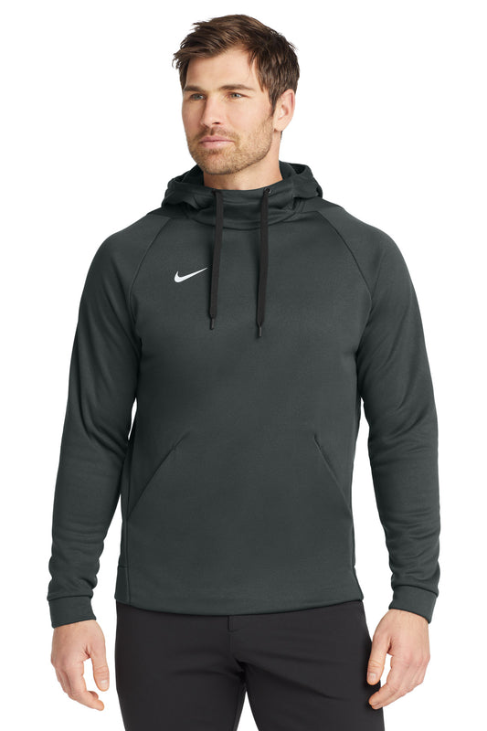Nike Therma-FIT pullover fleece hoodie in team anthracite, front view showing soft, warm fabric and classic hoodie design.