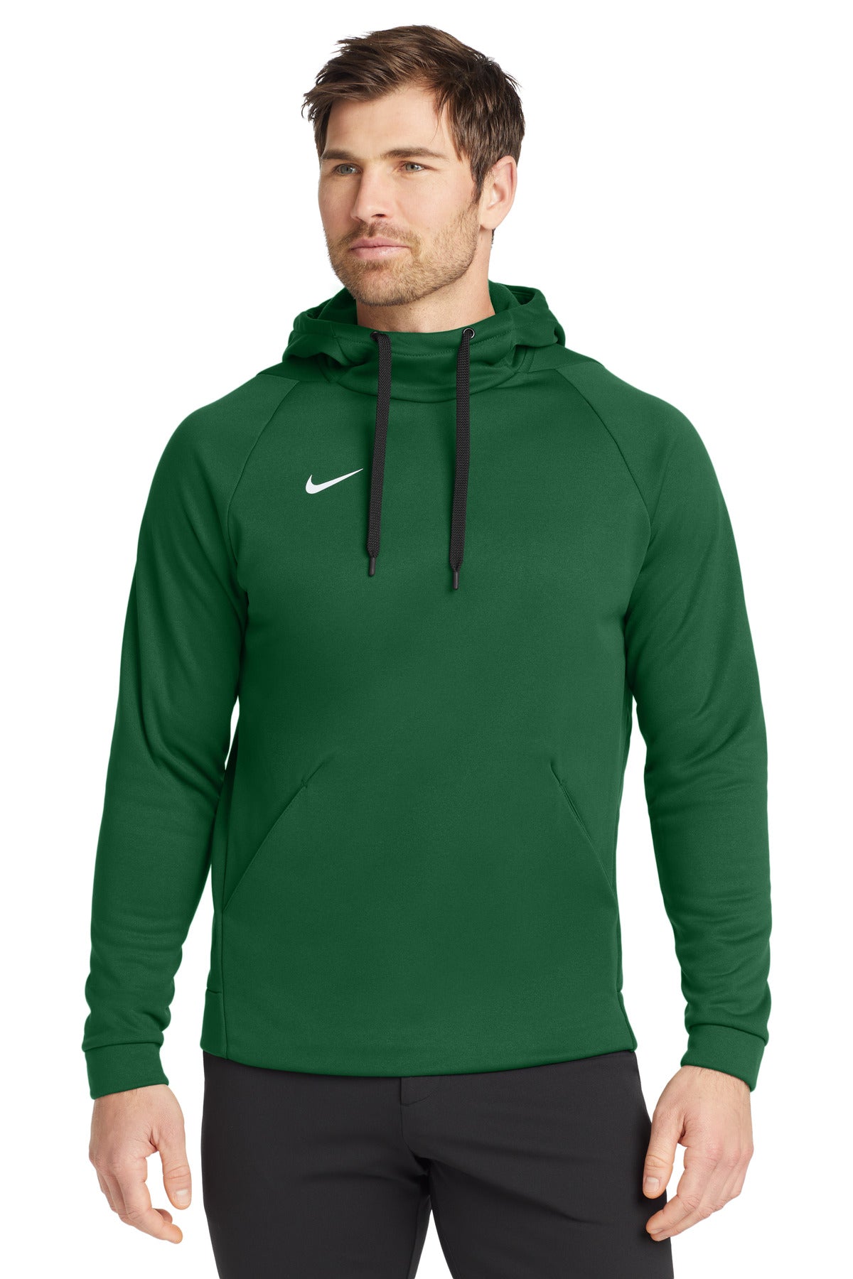 Nike Therma-FIT pullover fleece hoodie in dark green, front view showing the Nike logo and cozy fleece material.