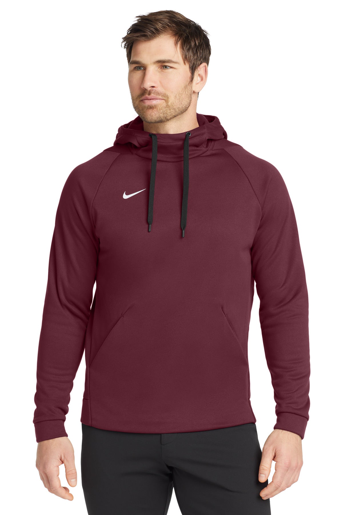 Nike Therma-FIT pullover fleece hoodie in dark maroon, front view showing soft, warm fabric and classic hoodie design.
