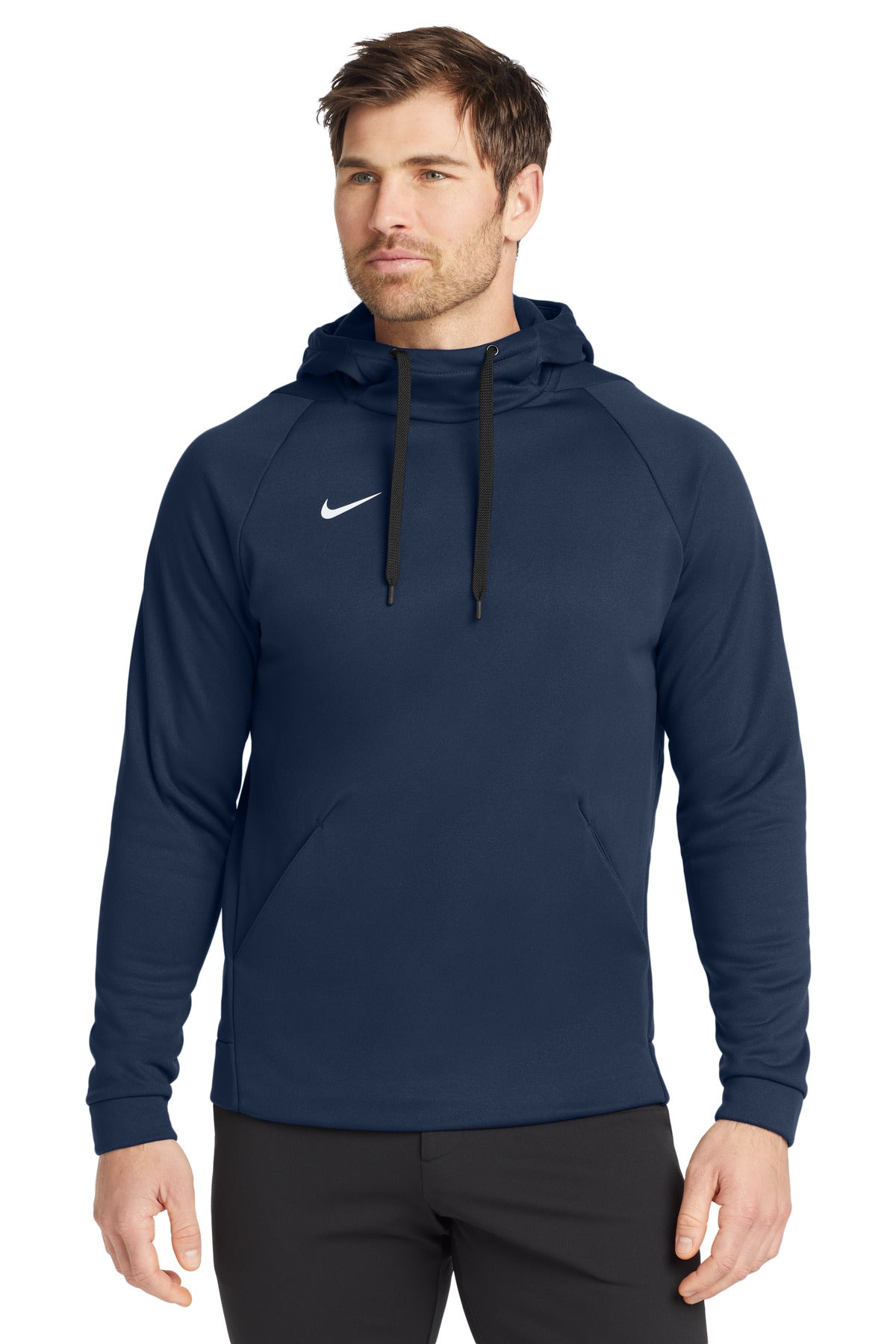 Nike Therma-FIT Pullover fleece hoodie in navy, front view showing soft fabric and classic hood design.