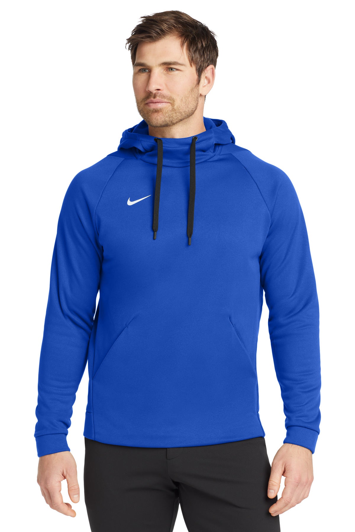 Nike Therma-FIT Pullover Fleece Hoodie in team royal color, front view showing the Nike logo and cozy fleece material.