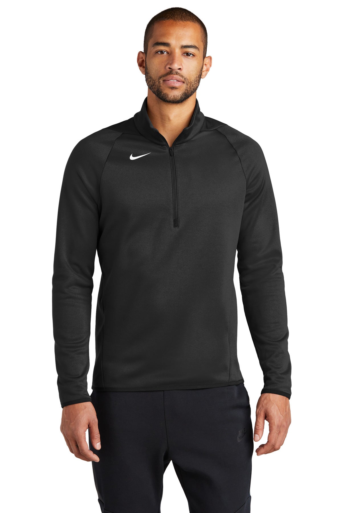 Nike Therma-FIT 1/4-Zip Fleece in black, front view showing lightweight, thermal Nike fleece with quarter-zip closure.