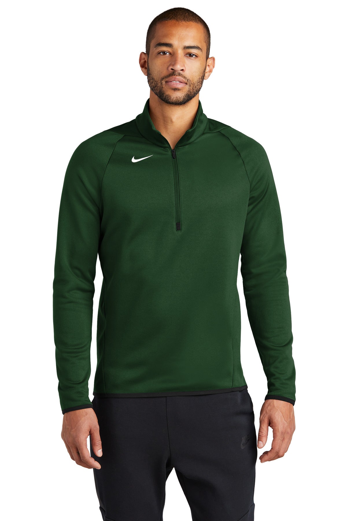 Nike Therma-FIT 1/4-Zip Fleece in dark green, front view showing the Nike logo and quarter-zip design.