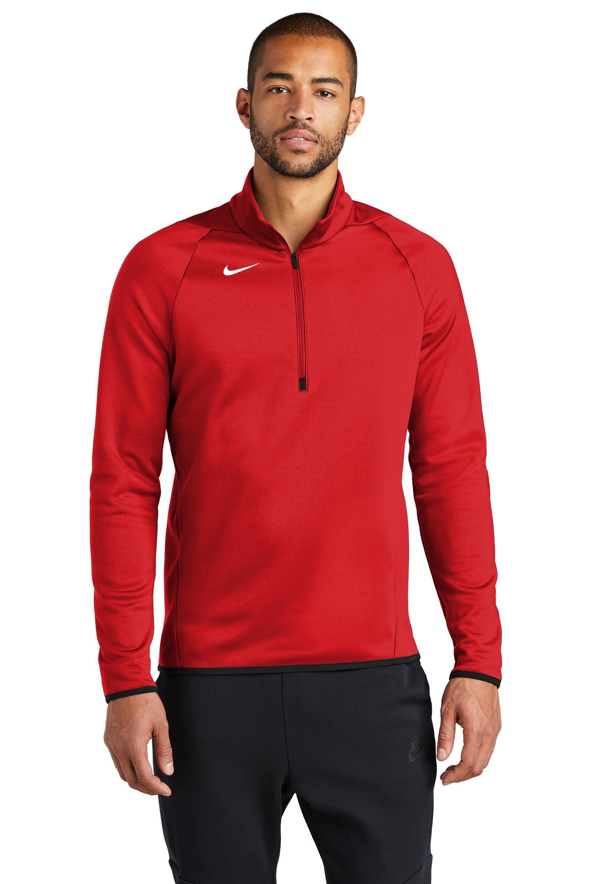 Nike Therma-FIT 1/4-zip fleece jacket in scarlet red, front view showcasing the Nike logo and sporty design.