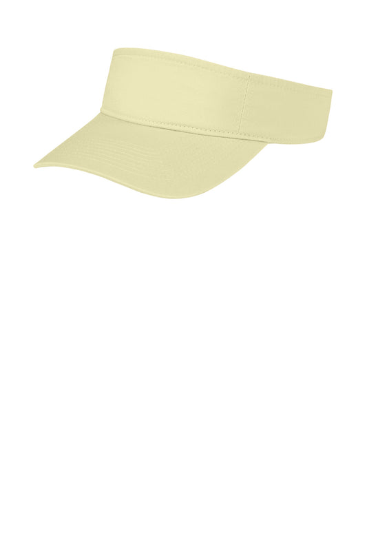 Port Authority fashion visor hat shown from the left side, lightweight sun protection accessory for outdoor activities.
