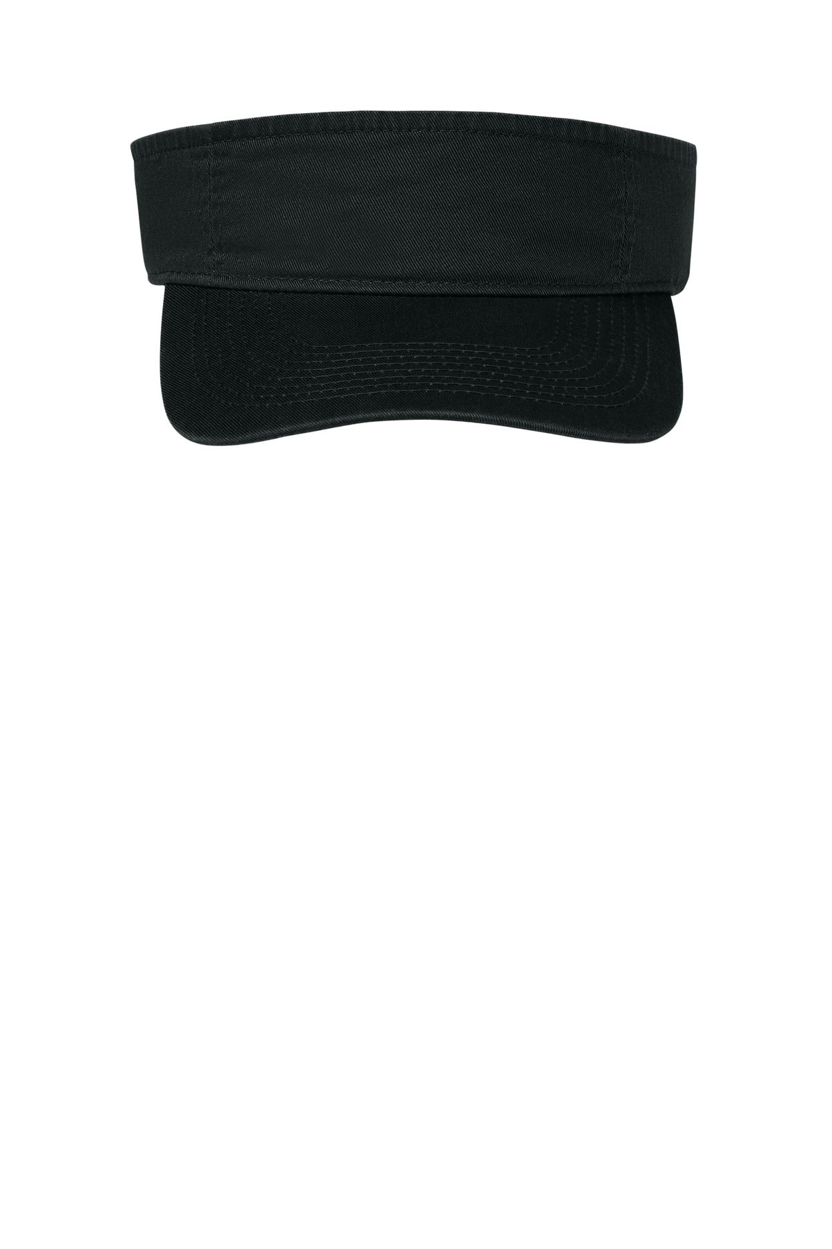 Black Port Authority Fashion Visor with curved brim and adjustable strap, shown from the front.