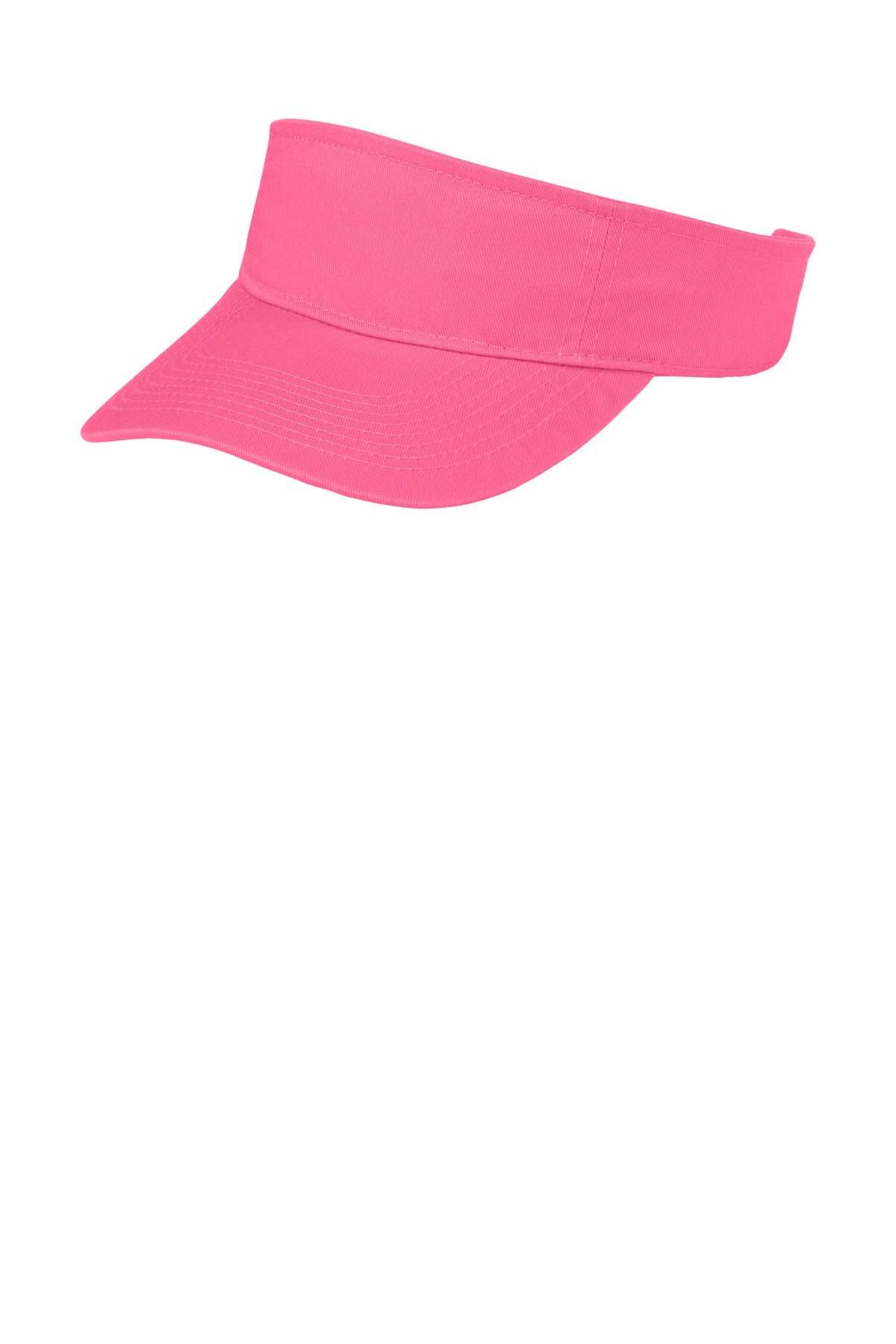 Port Authority Fashion Visor in neon pink, shown from the left side, lightweight and adjustable for sun protection.