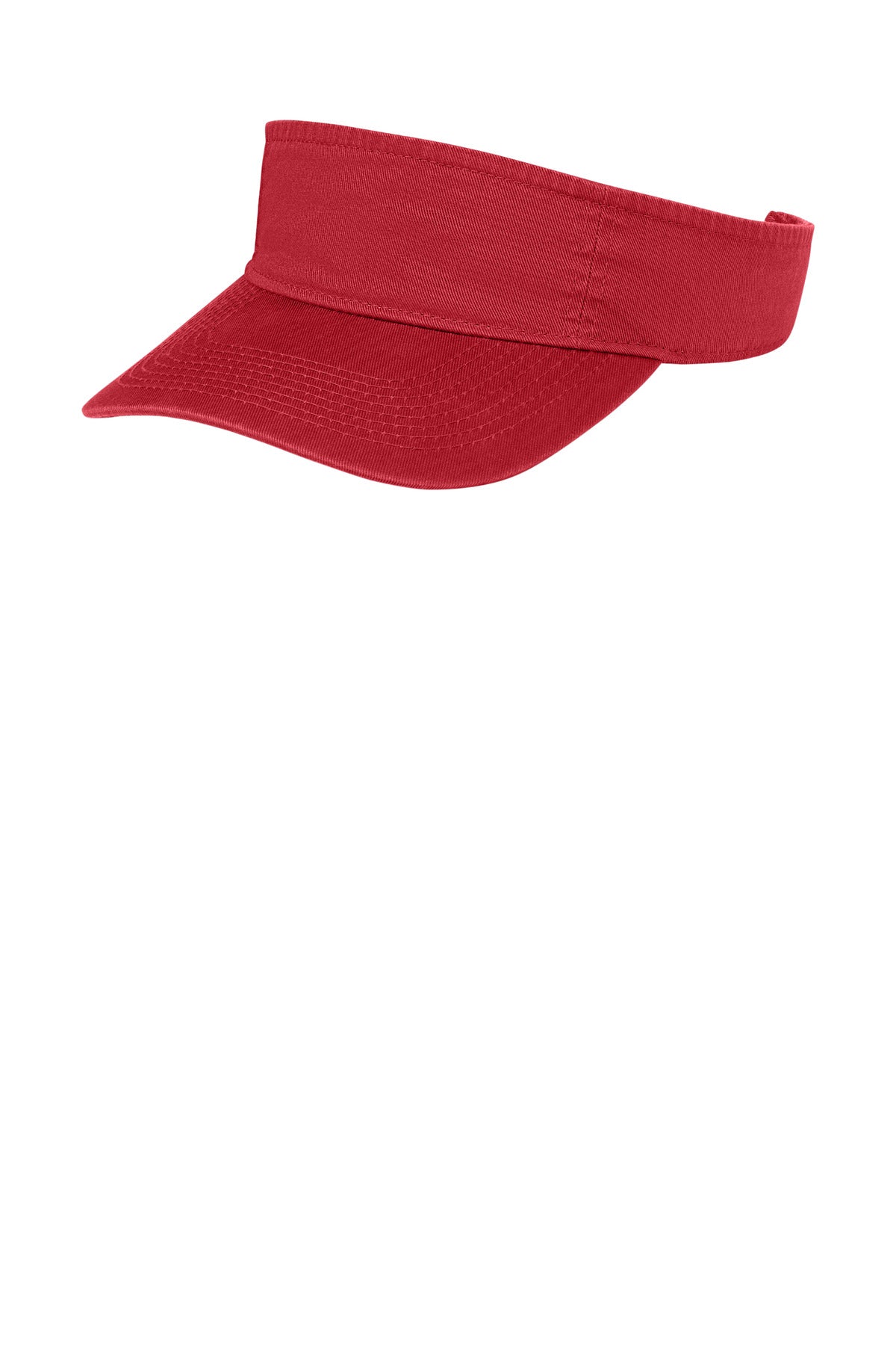 Red Port Authority Fashion Visor CP45 with adjustable strap and curved brim, shown on a mannequin's head.