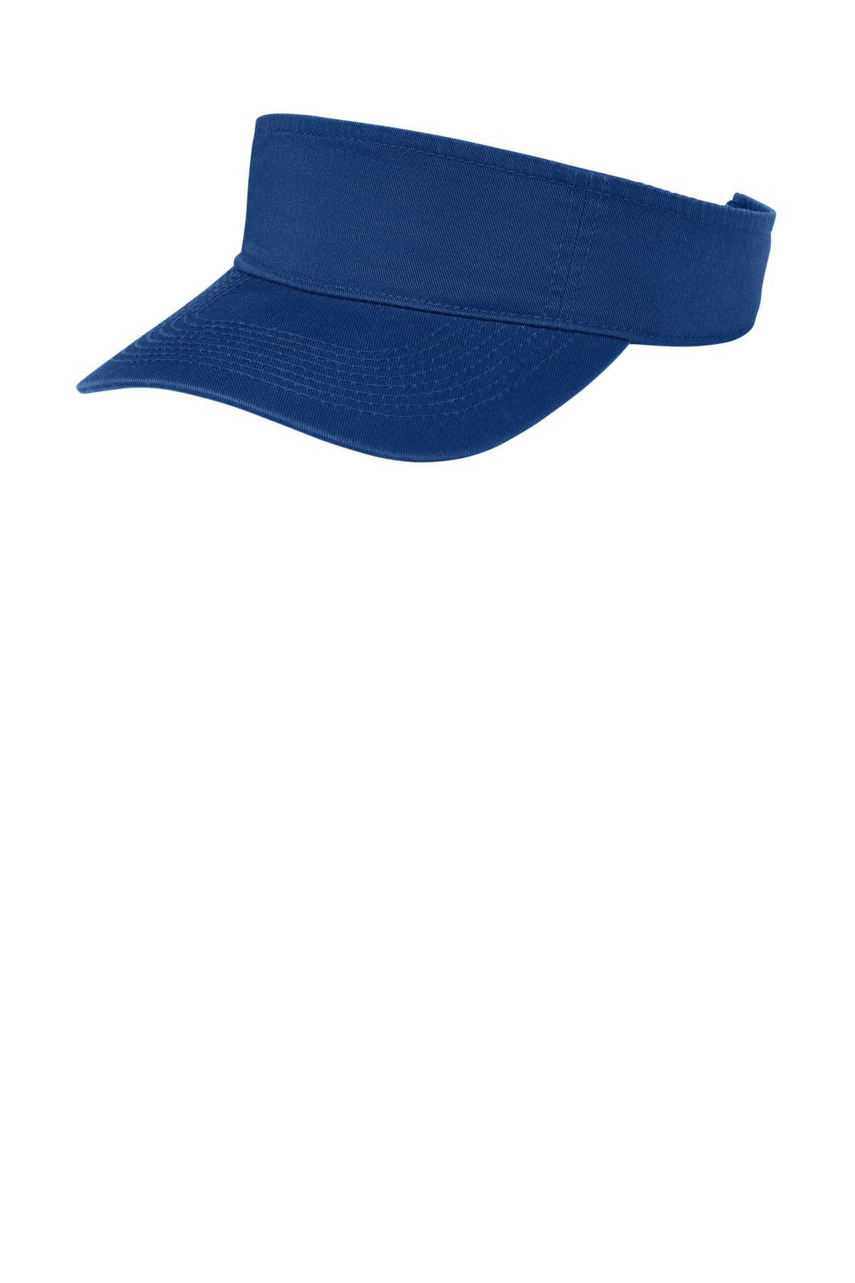 Royal blue Port Authority Fashion Visor CP45 with adjustable strap, shown from the left side, lightweight and sun protective.
