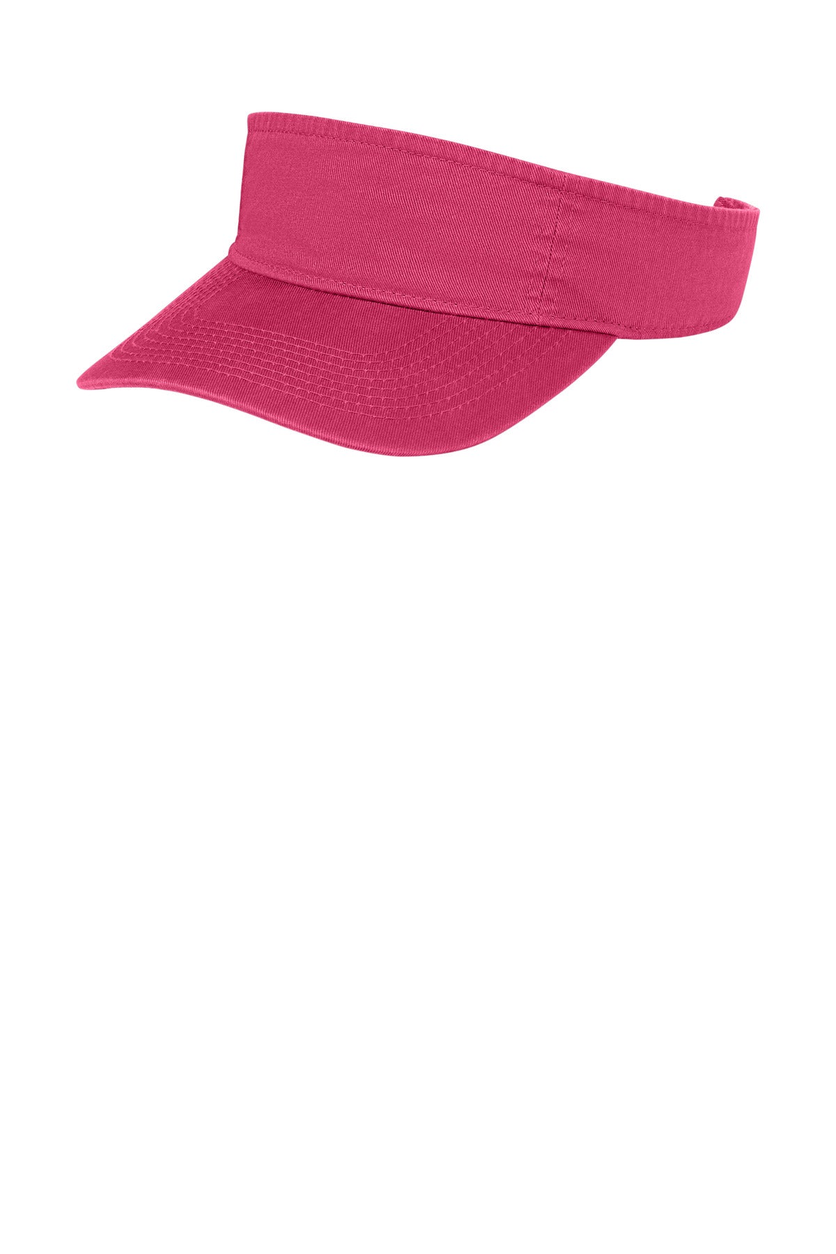 Port Authority Fashion Visor CP45 in sangria color, showing the adjustable strap and curved brim from a side view.