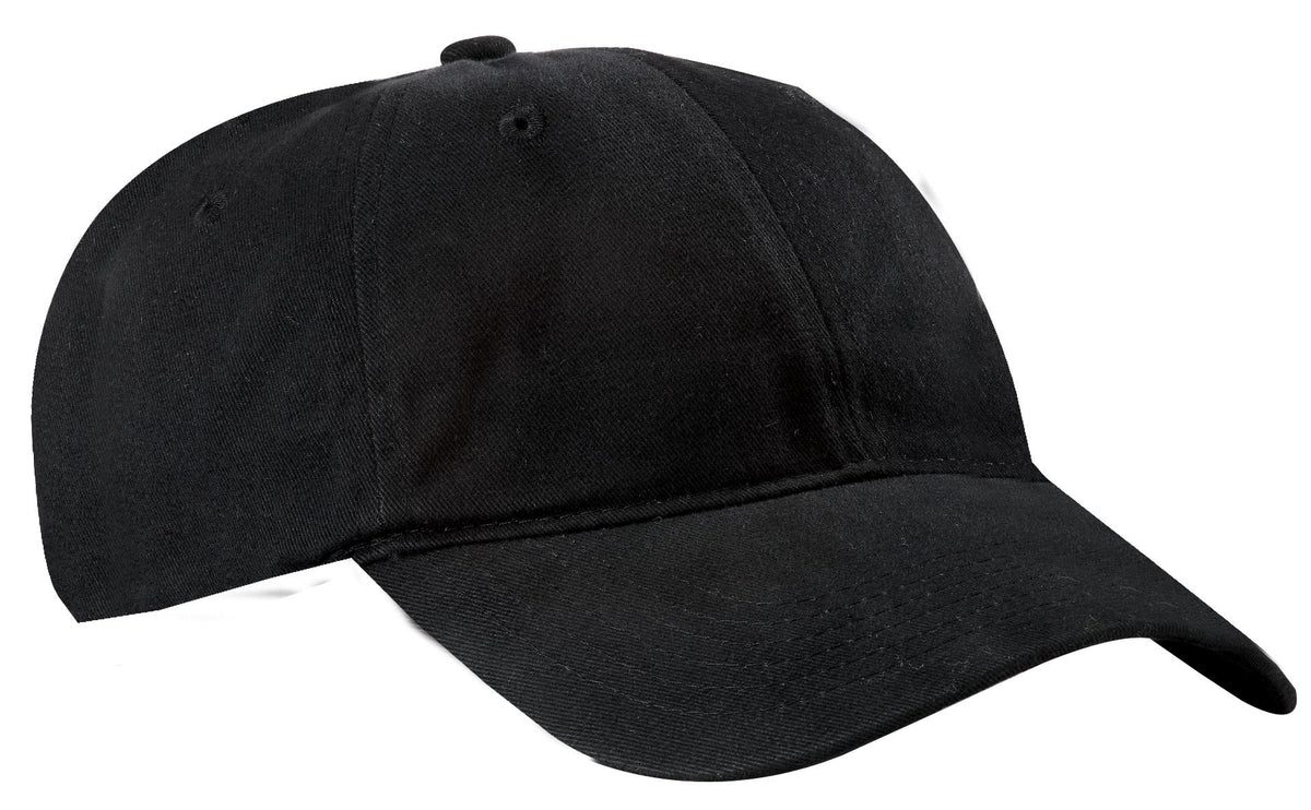 Black Port Authority brushed twill low profile cap with curved brim and adjustable strap, front view.