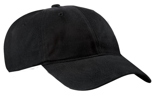 Black Port Authority brushed twill low profile cap with curved brim and adjustable strap, front view.