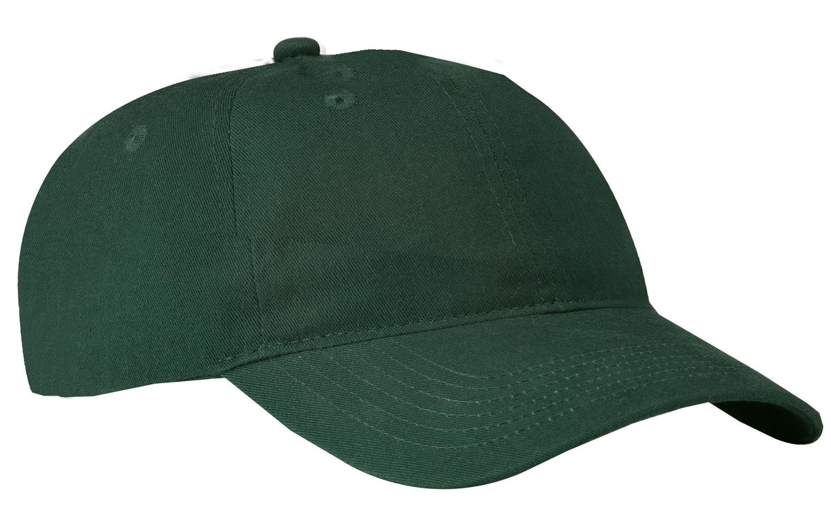 Port Authority brushed twill low profile cap with curved brim and adjustable strap, shown in hunter green.
