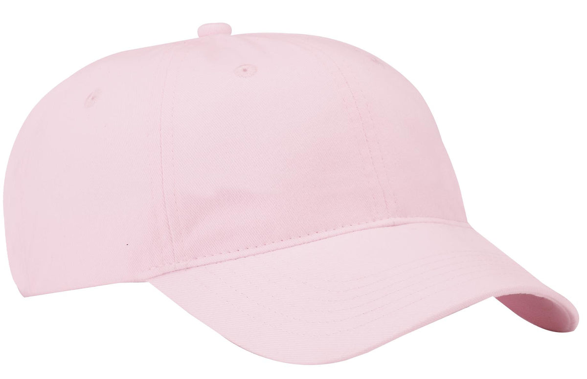 Port Authority brushed twill low profile cap in light pink, featuring a curved brim and adjustable strap, perfect for casual wear.