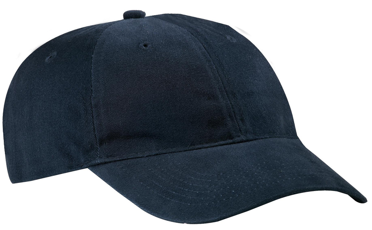 Navy Port Authority Brushed Twill Low Profile Cap with curved brim and adjustable strap, front view.