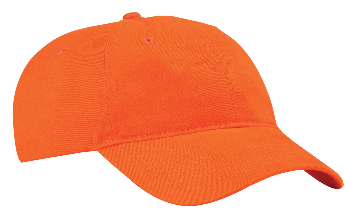 Orange Port Authority brushed twill low profile cap with front logo embroidery, adjustable strap and curved brim.