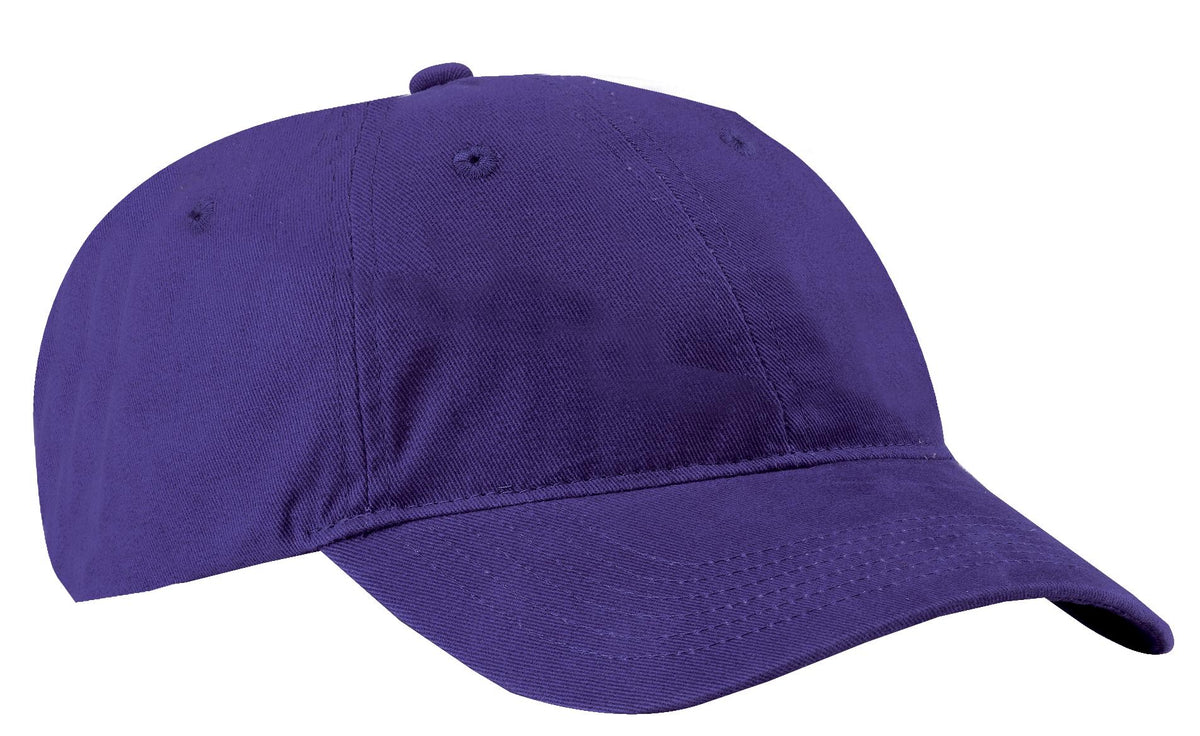 Purple Port Authority brushed twill low profile cap with adjustable strap and curved brim, shown from the front.