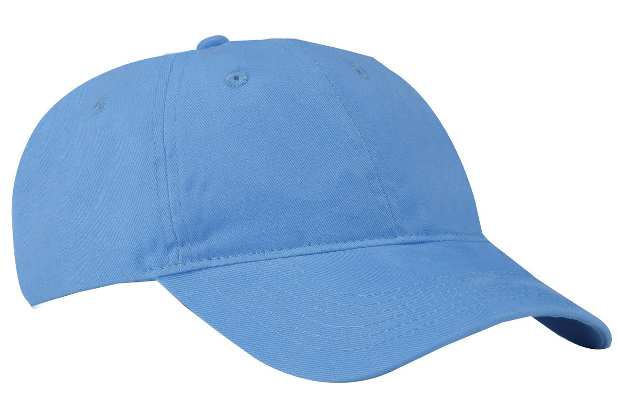 Port Authority brushed twill low profile cap in Carolina blue, showing front view with curved brim and embroidered logo.