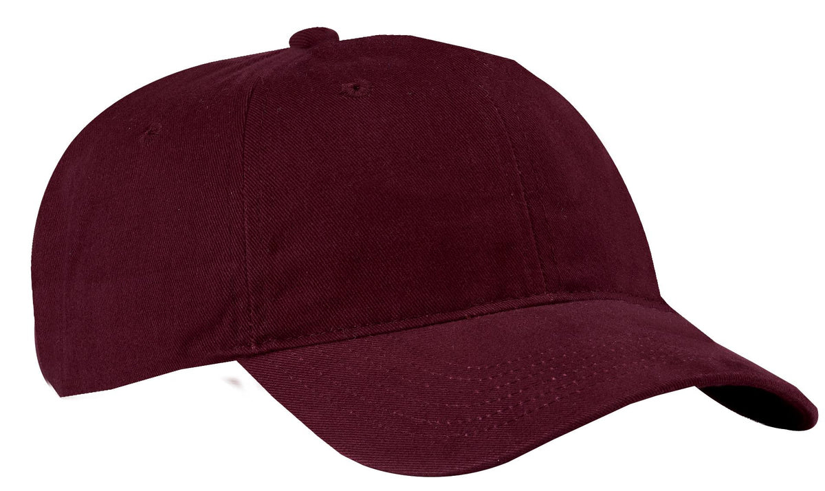 Maroon Port Authority brushed twill low profile cap with curved brim and adjustable strap, front view.
