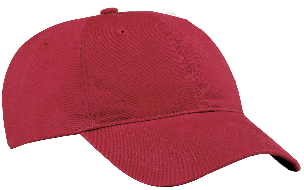 Red Port Authority brushed twill low profile cap with curved brim and embroidered front logo.