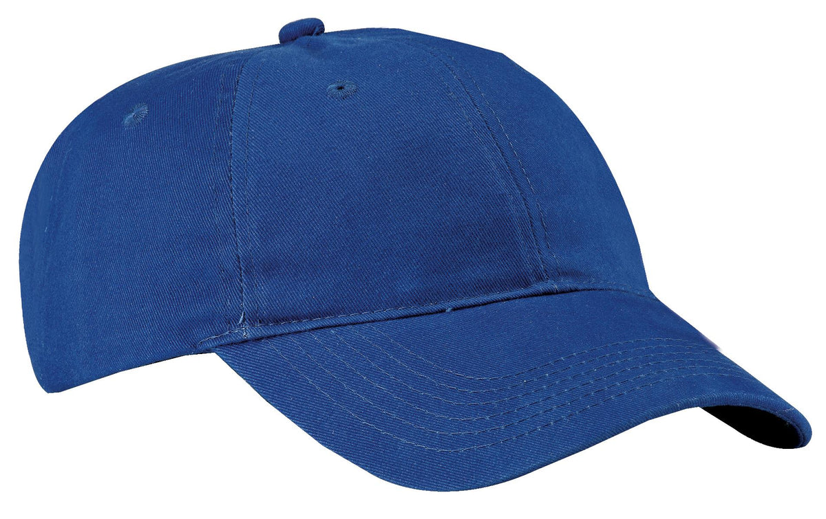 Royal blue Port Authority brushed twill low profile cap with curved brim and embroidered front logo.
