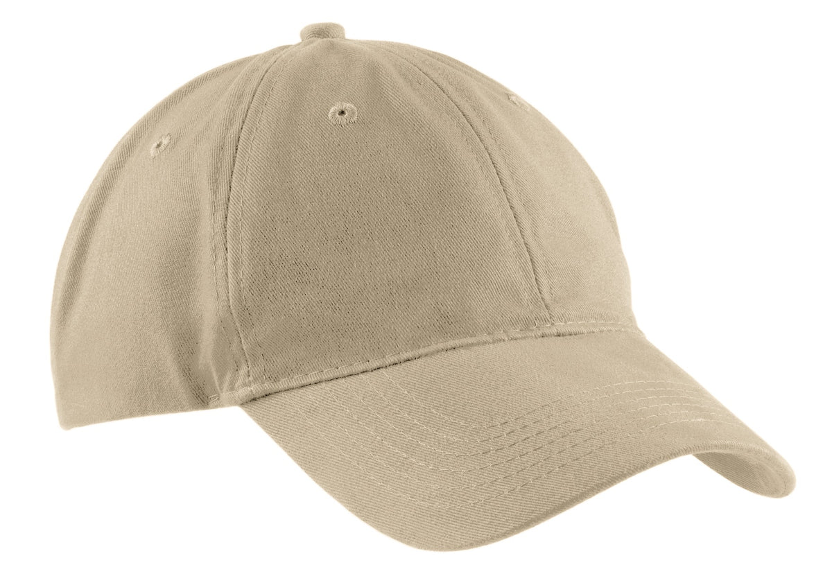 Khaki Port Authority brushed twill low profile cap with curved brim and adjustable strap, front view.
